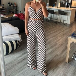 Brown & White Checkered Two Piece Pant Set